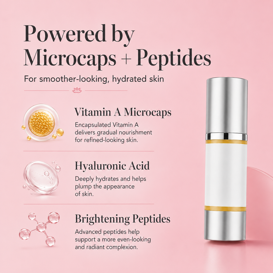 Glimmer Goddess Organic Skin Care Vitamin A Microcaps Serum in a clear bottle with dropper for face skincare routines