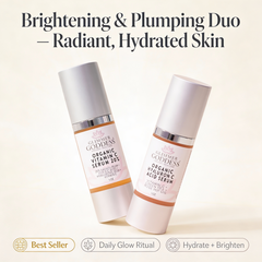 Glitter Goddess Organic Skin Care Vitamin C and Hyaluronic Acid serum duo for brightening and skin plumping.