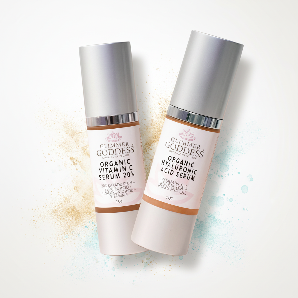 Glimmer Goddess Organic Skin Care Vitamin C and Hyaluronic Acid serum duo for brightening and skin plumping.