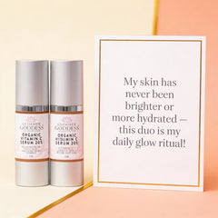 Glimmer Goddess Organic Skin Care Vitamin C and Hyaluronic Acid serum duo for brightening and skin plumping.