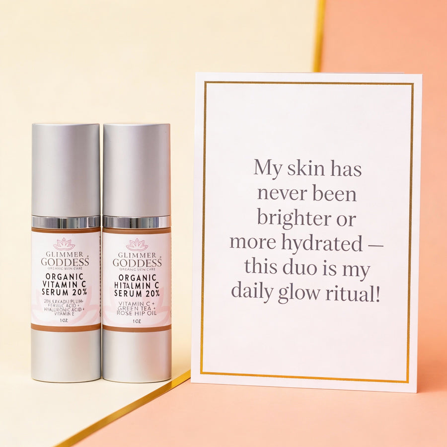 Glimmer Goddess Organic Skin Care Vitamin C and Hyaluronic Acid serum duo for brightening and skin plumping.