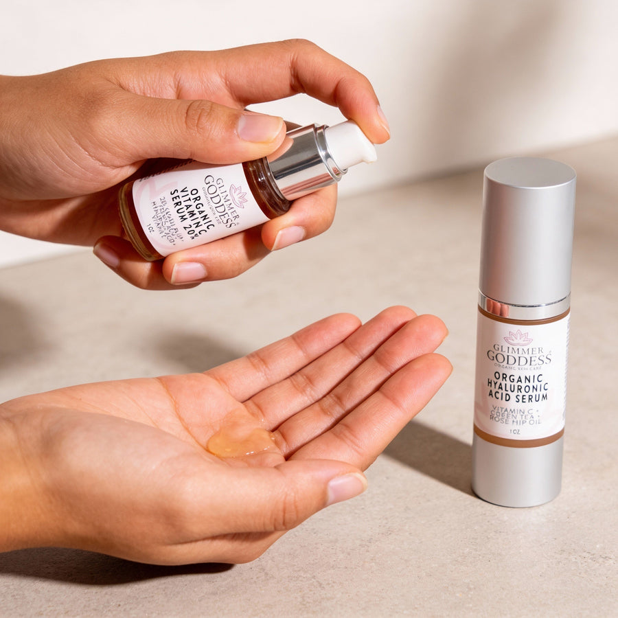Glimmer Goddess Organic Skin Care Vitamin C and Hyaluronic Acid serum duo for brightening and skin plumping.