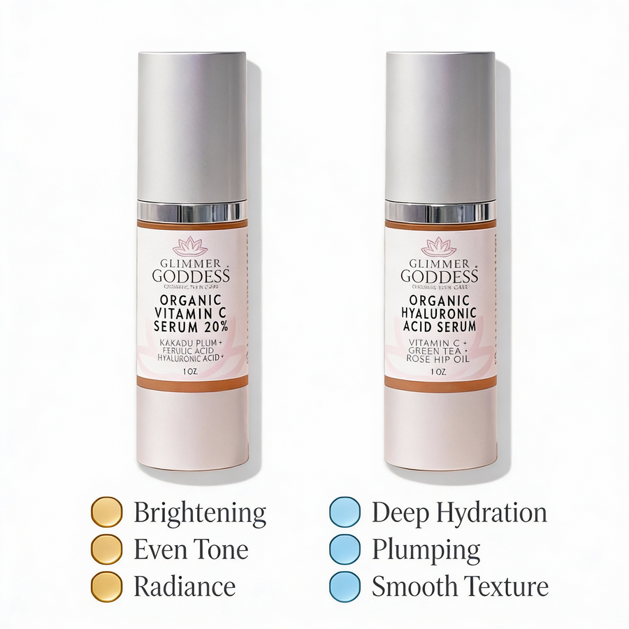 Glimmer Goddess Organic Skin Care Vitamin C and Hyaluronic Acid serum duo for brightening and skin plumping.