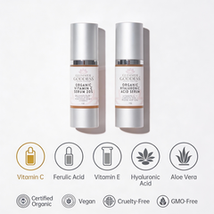 Glimmer Goddess Organic Skin Care Vitamin C and Hyaluronic Acid serum duo for brightening and skin plumping.