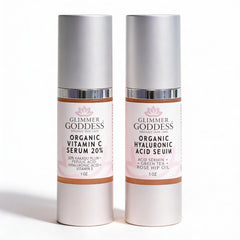 Glimmer Goddess Organic Skin Care Vitamin C and Hyaluronic Acid serum duo for brightening and skin plumping.
