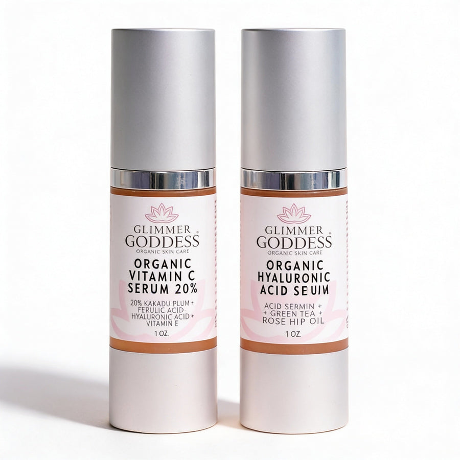 Glimmer Goddess Organic Skin Care Vitamin C and Hyaluronic Acid serum duo for brightening and skin plumping.