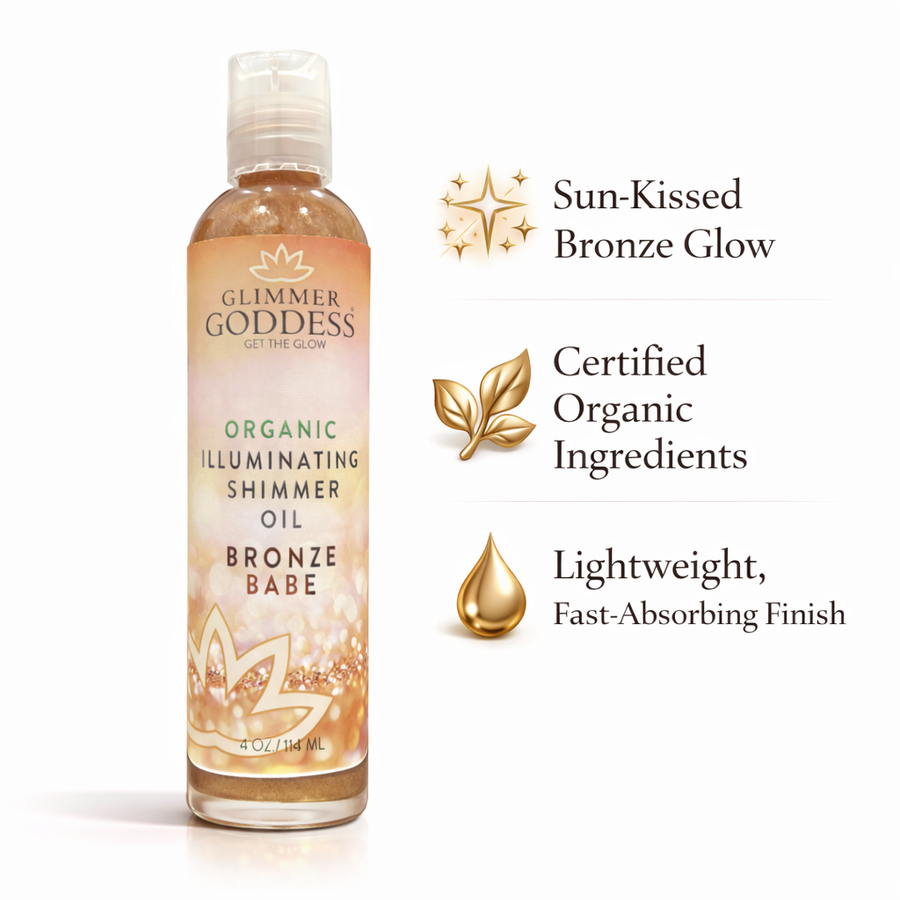 Organic shimmer body oil by Glimmer Goddess® with 24K gold for a soft, non-greasy glow on fair, light, medium, and tan skin.