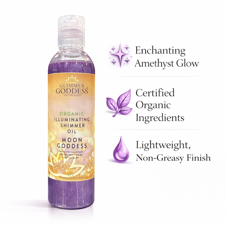 Organic shimmer body oil by Glimmer Goddess® with 24k gold for a soft, non-greasy glow on fair, light, medium, and tan skin.