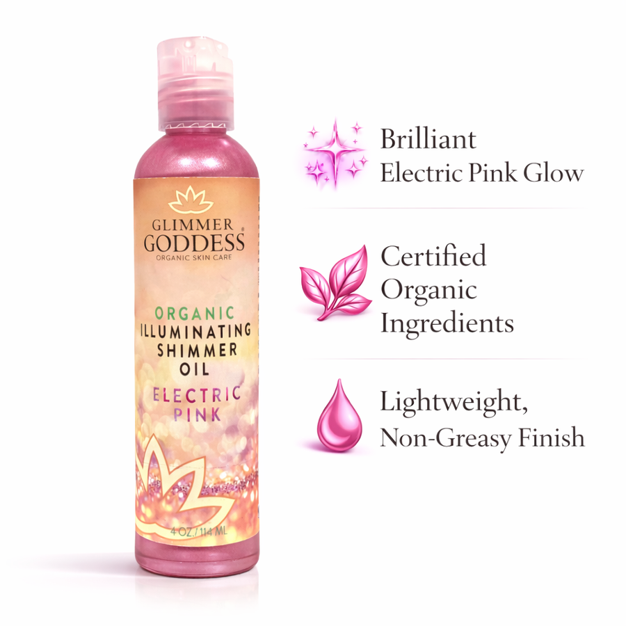 Organic shimmer body oil by Glimmer Goddess with 24kt gold, giving a soft, non-greasy glow for fair, light, medium, and tan skin.