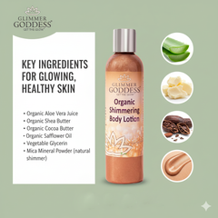 Organic Bronze Shimmer Body Lotion by Glimmer Goddess® with buildable bronze glow and radiant shimmer for glowing skin.