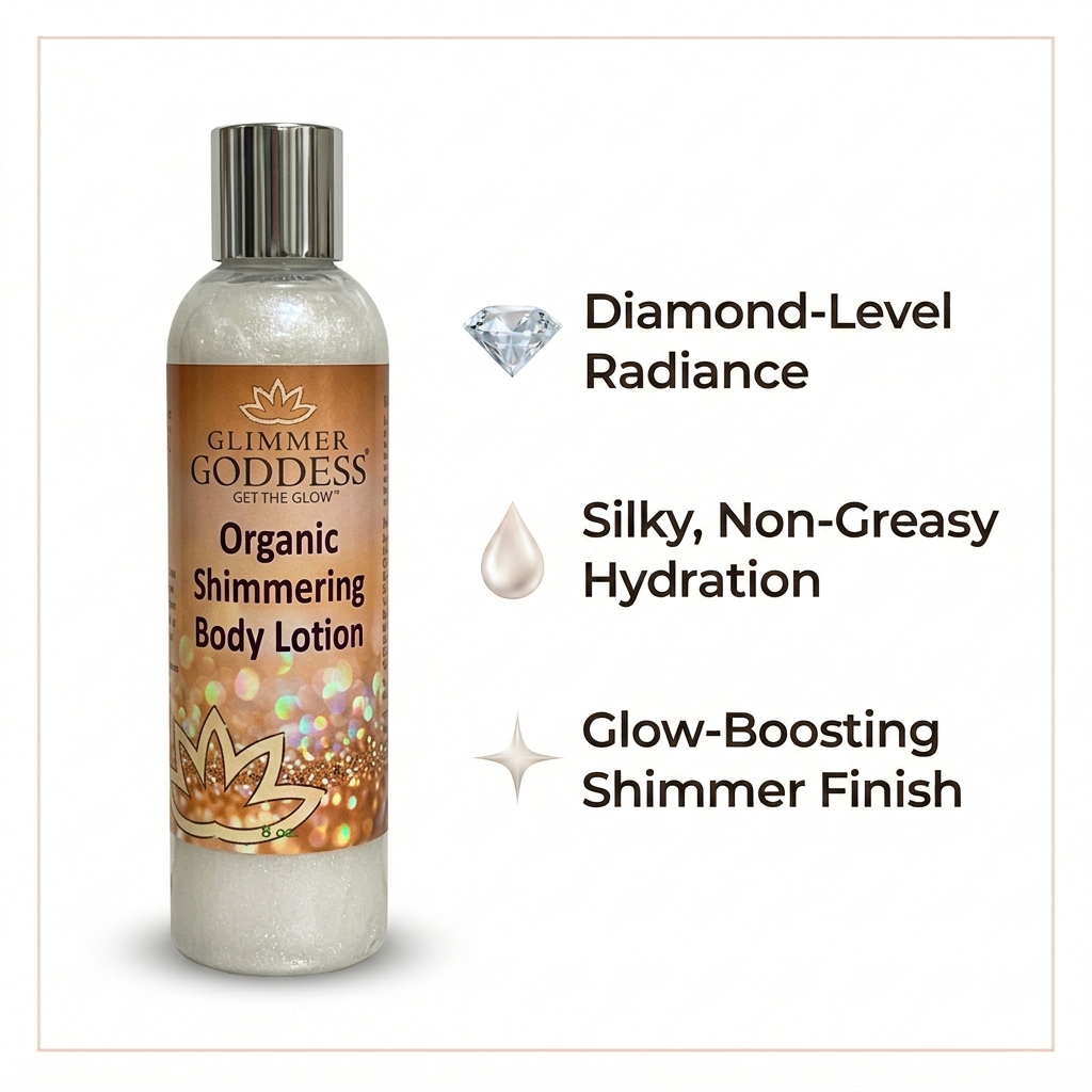 Organic Diamond Shimmer Body Lotion by Glimmer Goddess® with luminous glow, shown in an 8 oz bottle for buildable shimmer.