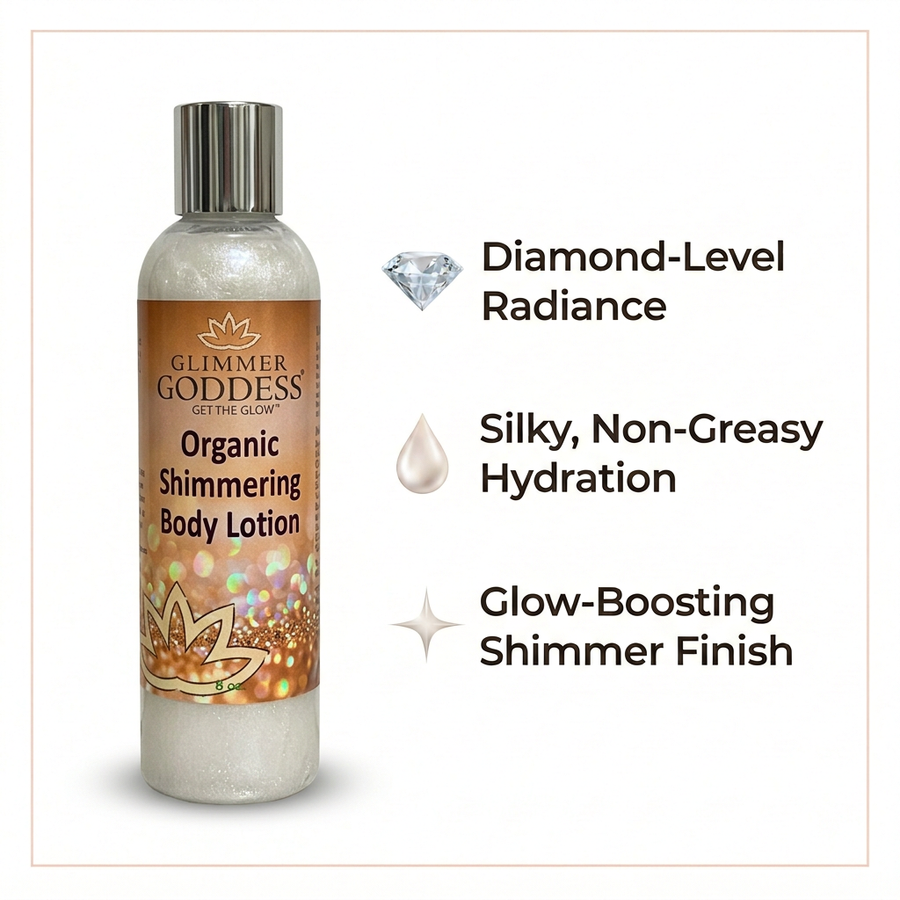 Organic Diamond Shimmer Body Lotion by Glimmer Goddess® with luminous glow, shown in an 8 oz bottle for buildable shimmer.