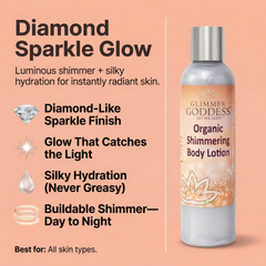 Organic Diamond Shimmer Body Lotion by Glimmer Goddess, with luminous shimmer and buildable glow, in an 8 oz bottle.
