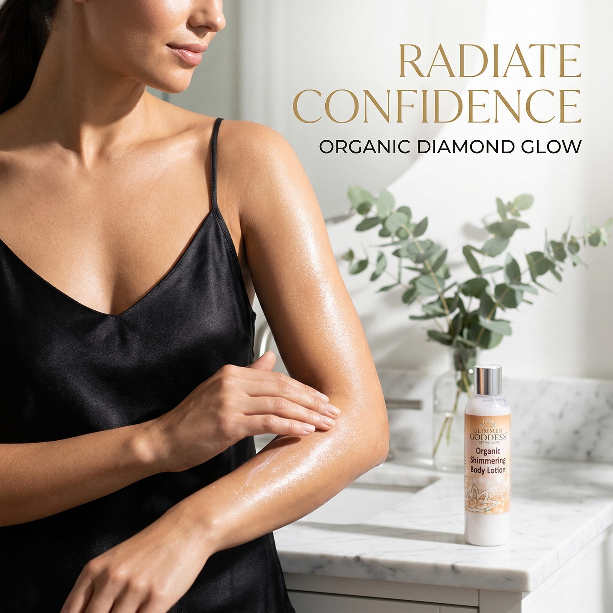 Organic Diamond Shimmer Body Lotion by Glimmer Goddess® with luminous glow and buildable shimmer in an 8 oz bottle.