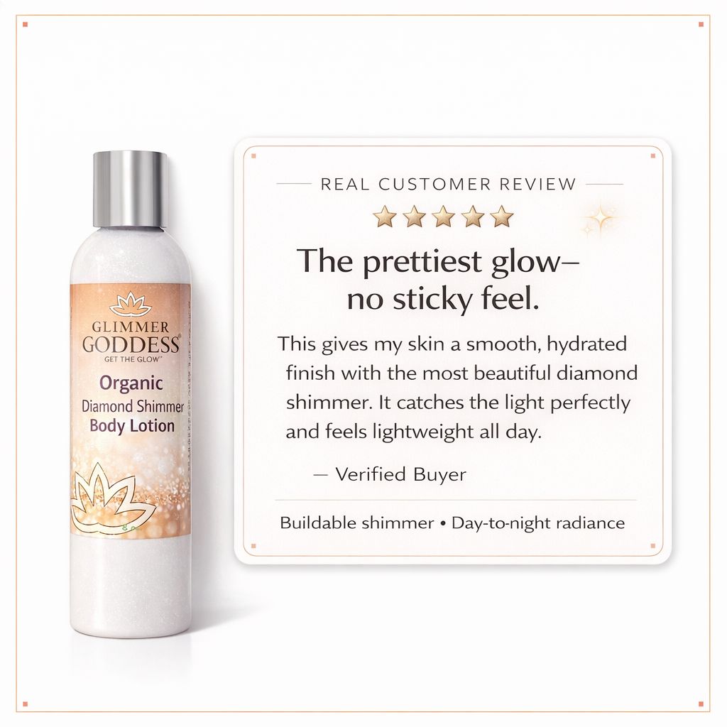 Organic Diamond Shimmer Body Lotion by Glimmer Goddess, showing the luminous shimmer and smooth texture of the buildable glow lotion.