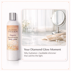 Organic Diamond Shimmer Body Lotion by Glimmer Goddess® with a buildable luminous glow and shimmering metallic finish.