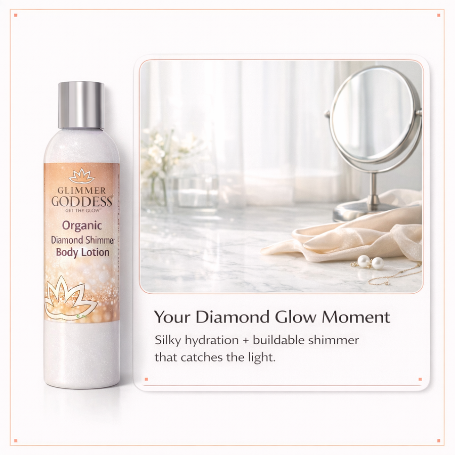 Organic Diamond Shimmer Body Lotion by Glimmer Goddess® with a buildable luminous glow and shimmering metallic finish.