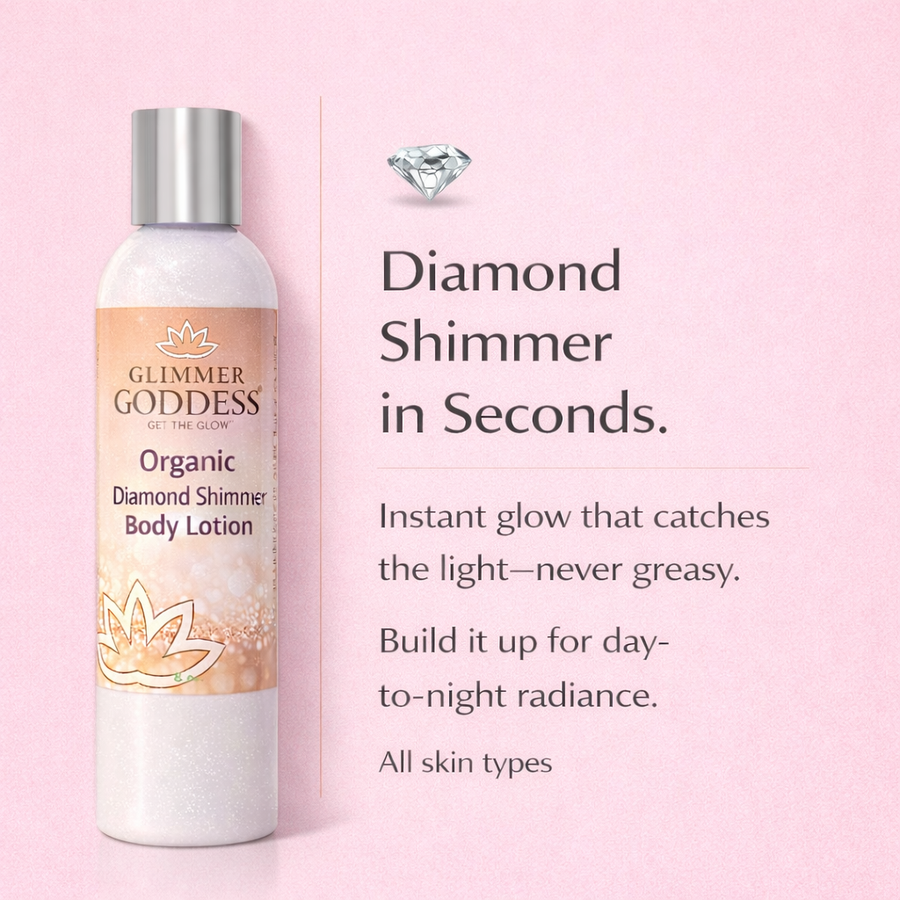 Organic Diamond Shimmer Body Lotion by Glimmer Goddess® with luminous glow, showing a sleek 8 oz bottle and shimmering texture.