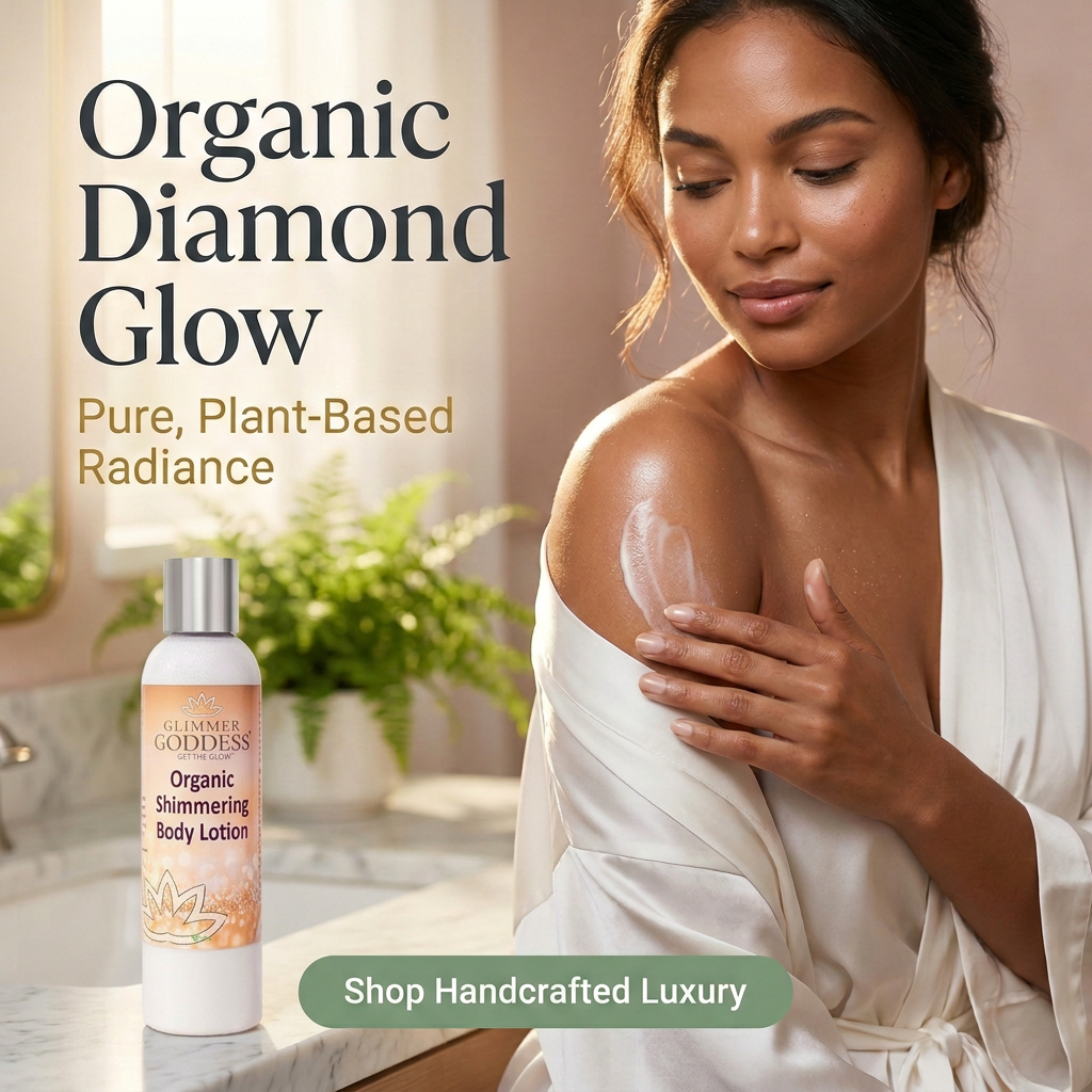 Organic Diamond Shimmer Body Lotion by Glimmer Goddess® features a sleek bottle with shimmering lotion visible, designed for a luminous glow.