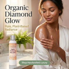 Organic Diamond Shimmer Body Lotion by Glimmer Goddess® features a sleek bottle with shimmering lotion visible, designed for a luminous glow.