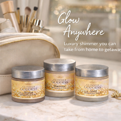 Organic shimmering body butter trio by Glimmer Goddess, featuring bronze, diamond, and gold glow in 3 travel-sized jars.