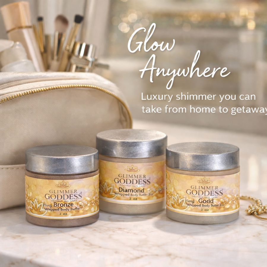 Organic shimmering body butter trio by Glimmer Goddess, featuring bronze, diamond, and gold glow in 3 travel-sized jars.