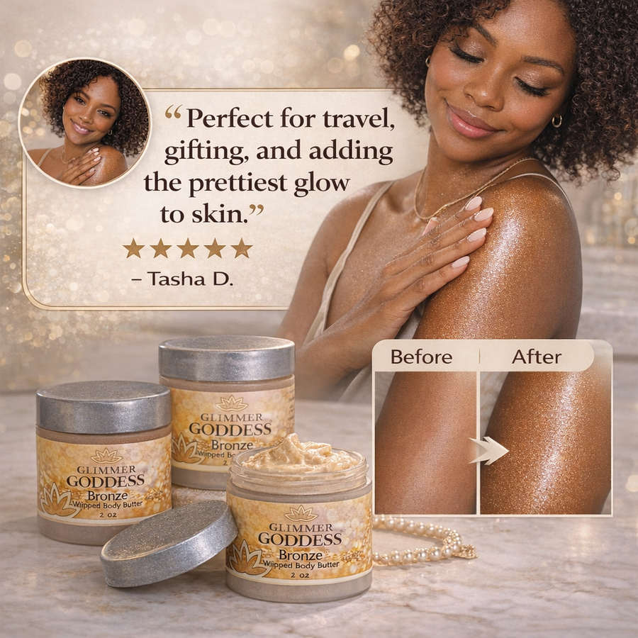 Organic shimmering body butter trio by Glimmer Goddess® features bronze, diamond, and gold shades in 2 oz travel-sized jars.