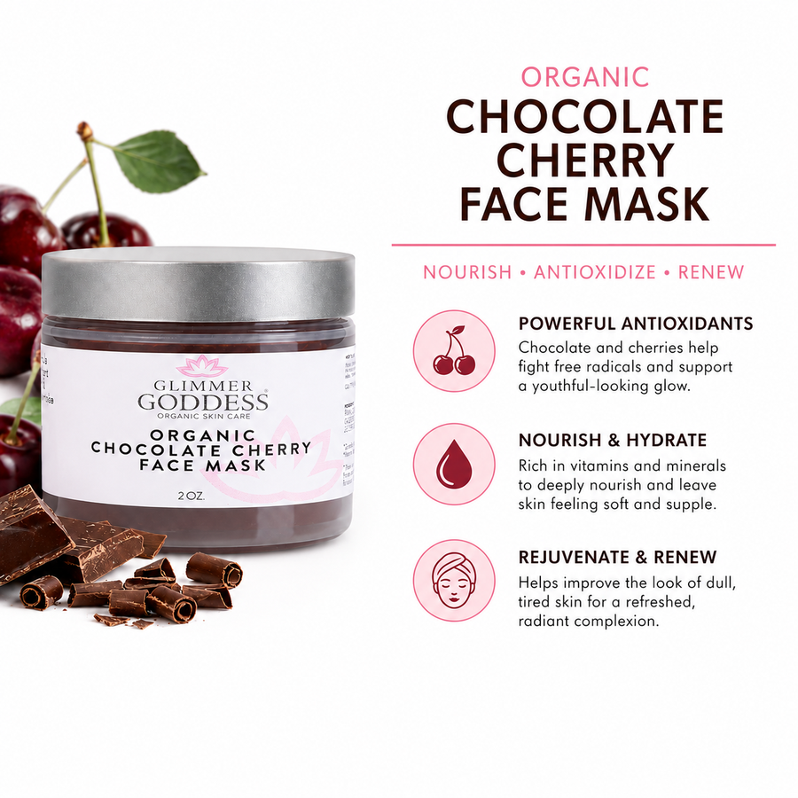 Organic Chocolate Cherry Face Mask by Glimmer Goddess, antioxidant anti-aging skin care mask in a 2 oz jar.