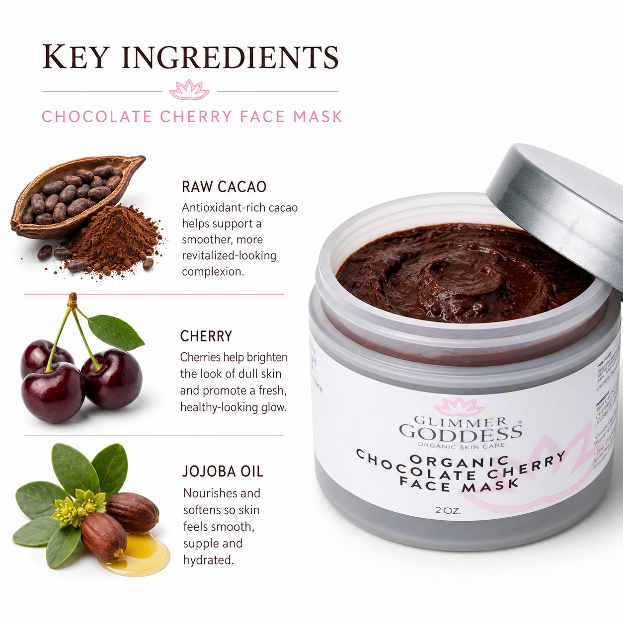 Glimmer Goddess Organic Chocolate Cherry Face Mask in a 2 oz jar, antioxidant anti-aging skincare mask for rejuvenating skin.