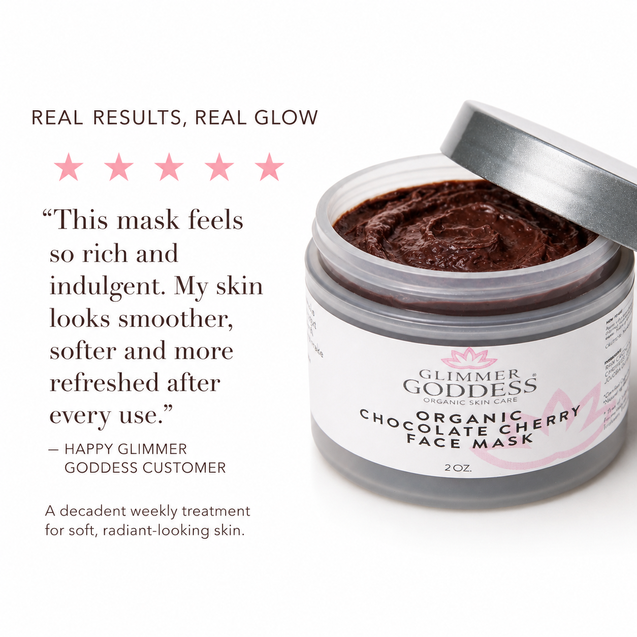 Organic Chocolate Cherry Face Mask by Glimmer Goddess® for antioxidant, anti-aging skin care, shown in 2 oz jar.