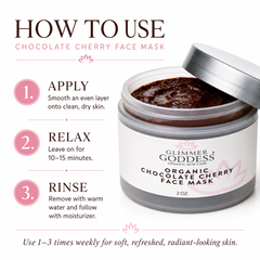 Glimmer Goddess Organic Chocolate Cherry Face Mask for skin care, showing the antioxidant anti-aging treatment in a 2 oz jar.