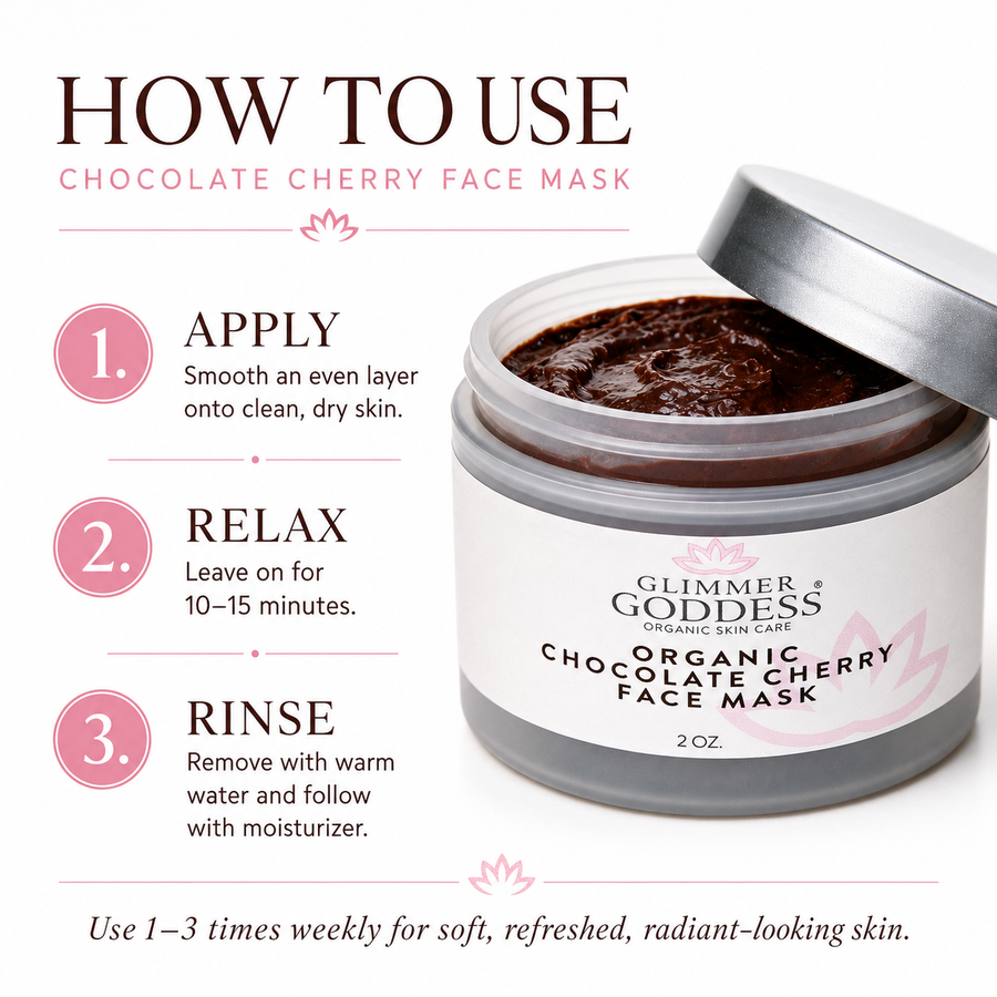 Glimmer Goddess Organic Chocolate Cherry Face Mask for skin care, showing the antioxidant anti-aging treatment in a 2 oz jar.