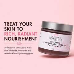 Glimmer Goddess organic Chocolate Cherry face mask in a 2 oz jar, antioxidant anti-aging skincare treatment for healthy skin.
