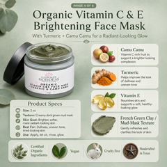 Organic Vitamin C & E Brightening Face Mask by Glimmer Goddess® Organic Skin Care, showing the creamy mask in a 2 oz jar.