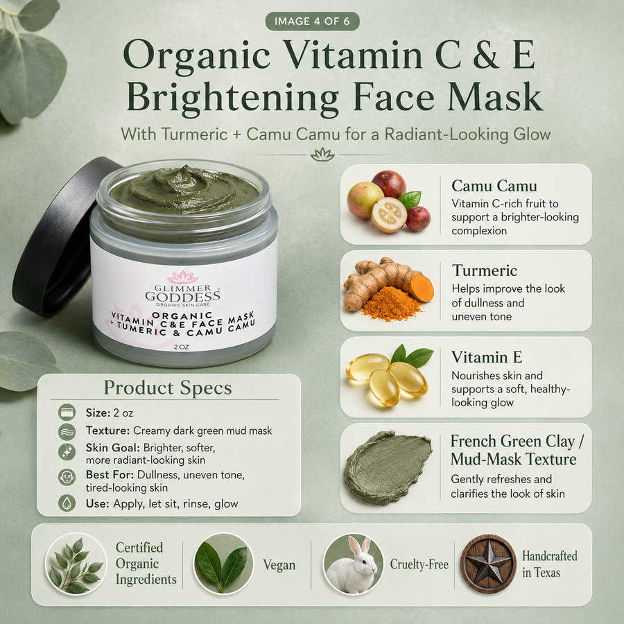 Organic Vitamin C & E Brightening Face Mask by Glimmer Goddess® Organic Skin Care, showing the creamy mask in a 2 oz jar.