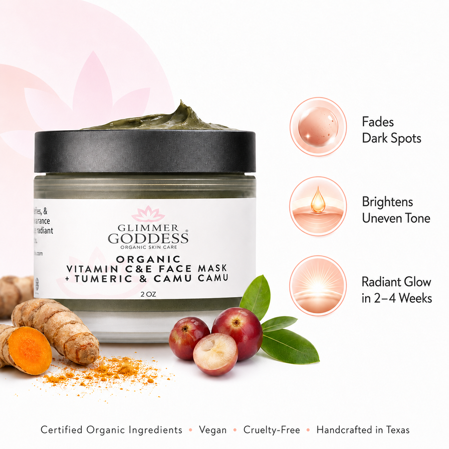 Glimmer Goddess Organic Vitamin C & E Brightening Face Mask in 2 oz jar, natural skincare mask for radiant skin.