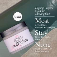 Glimmer Goddess Organic Papaya Pineapple Enzyme Face Mask for gentle exfoliating skin care, in a 2 oz wash-off treatment jar.