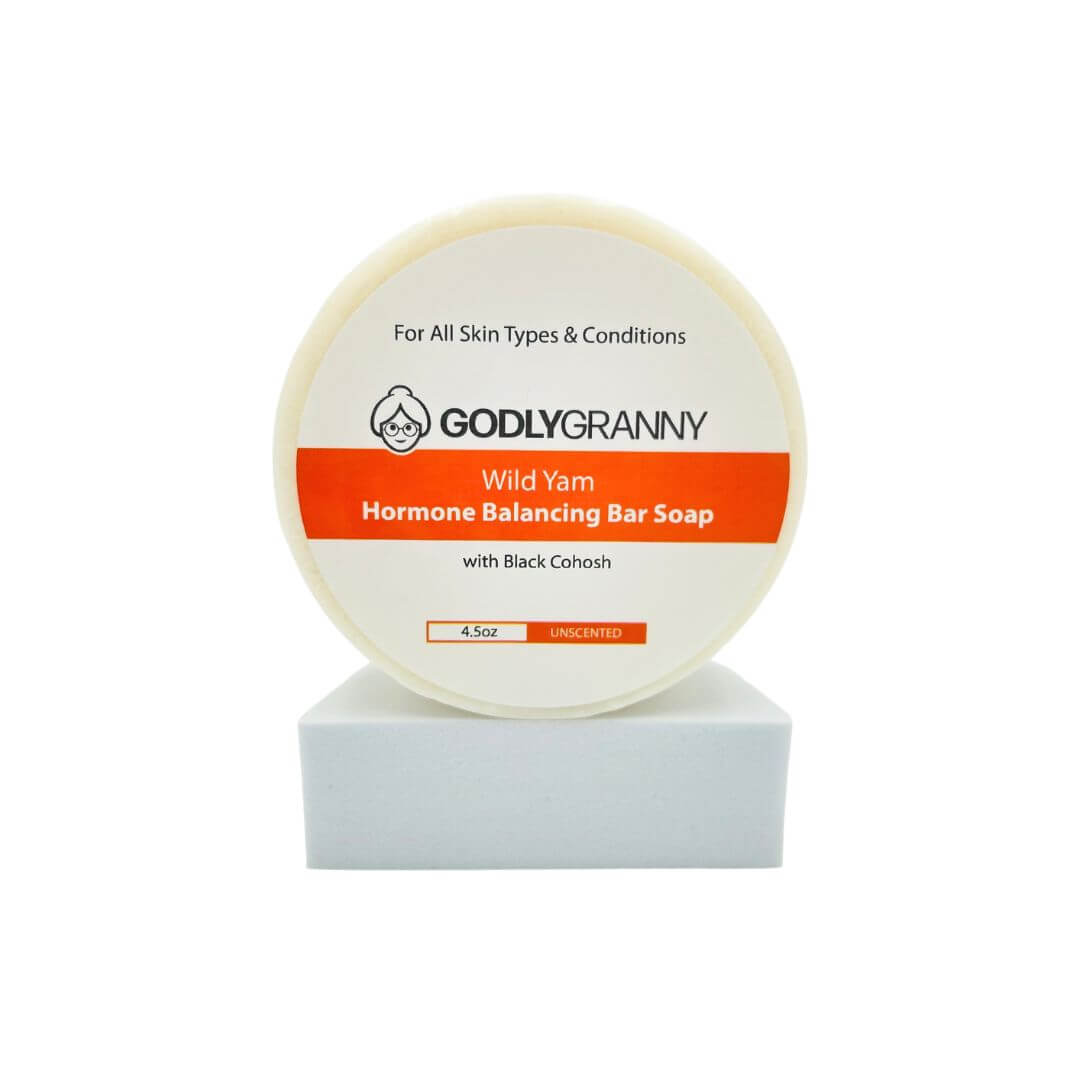 Wild Yam Hormone Balancing Bar Soap with Black Cohosh by Godly Granny, showing the soap's natural ingredients and packaging.