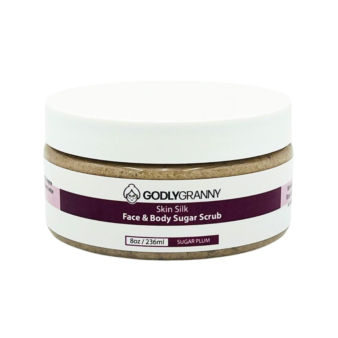 Godly Granny Skin Silk Face and Body Sugar Scrub with apricot and chamomile, featuring natural exfoliating ingredients.