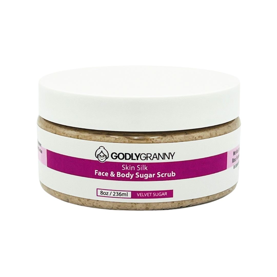 Godly Granny Skin Silk Face and Body Sugar Scrub with apricot and chamomile for smooth, exfoliated skin.