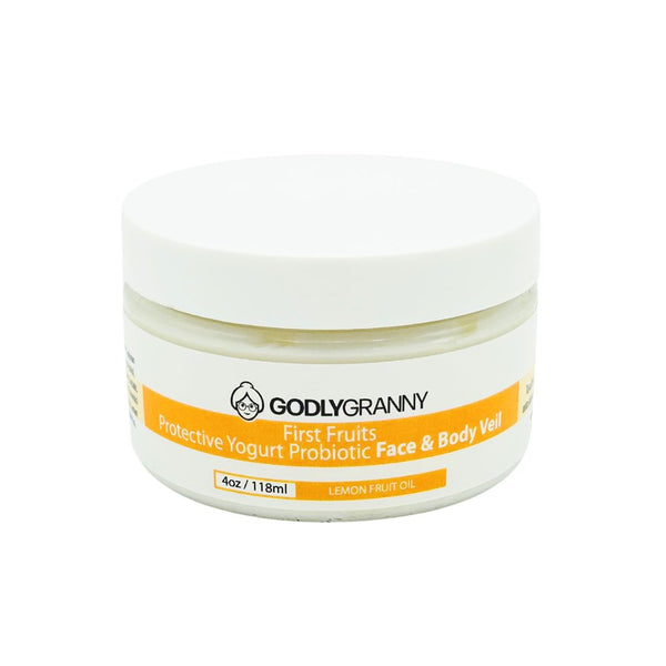 Godly Granny First Fruits Protective Yogurt Probiotic Face & Body Veil with Lemon Fruit Oil in a 4-ounce jar, supports skin immunity.