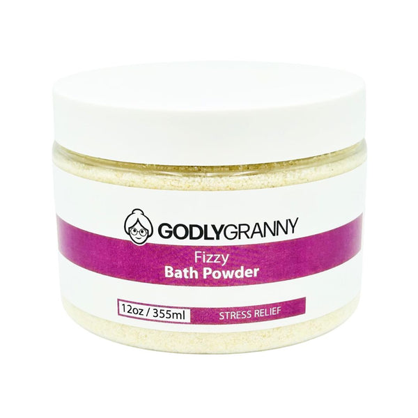 Godly Granny Stress Relief Fizzy Bath Powder in a 12-ounce jar, lavender foot soak for calming the nervous system.