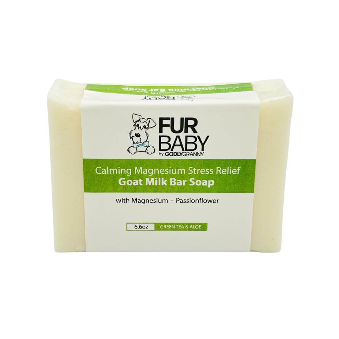 Fur Baby Calming Magnesium Stress Relief Goat Milk Bar Soap with magnesium and passionflower, green tea, and aloe ingredients.