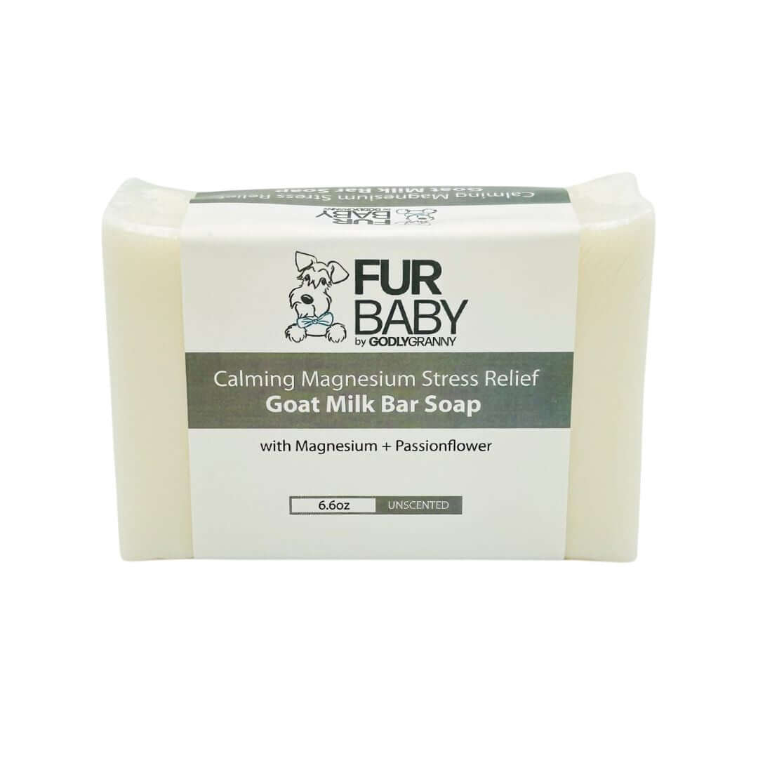 Fur Baby calming magnesium stress relief goat milk soap with passionflower and green tea aloe, designed for calming and soothing.