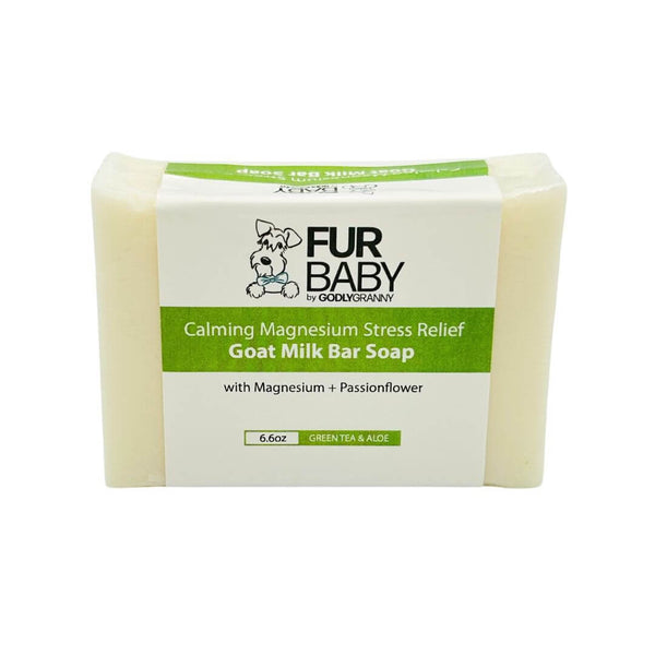 Fur Baby Calming Magnesium Stress Relief Goat Milk Soap by Godly Granny with passionflower, green tea, and aloe scent, 6.6 oz.