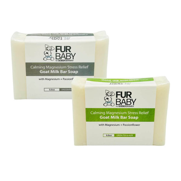 Fur Baby Calming Magnesium Stress Relief Goat Milk Soap bar with magnesium, passionflower, green tea, and aloe, unscented, 6.6 ounces.