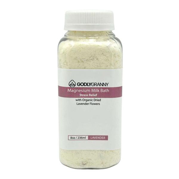 Godly Granny Magnesium Milk Bath Gift Set with three lavender-scented blends in a wooden keepsake box for relaxation and stress relief.