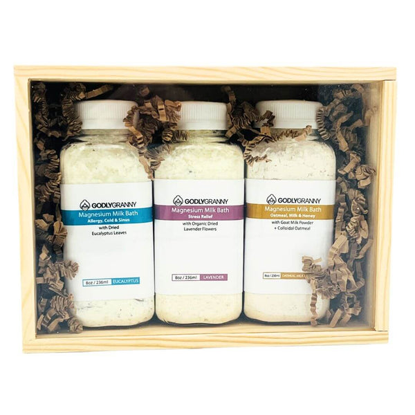 Godly Granny Magnesium Milk Bath Gift Set with 3 blends in a wooden keepsake box, showcasing relaxing bath products.