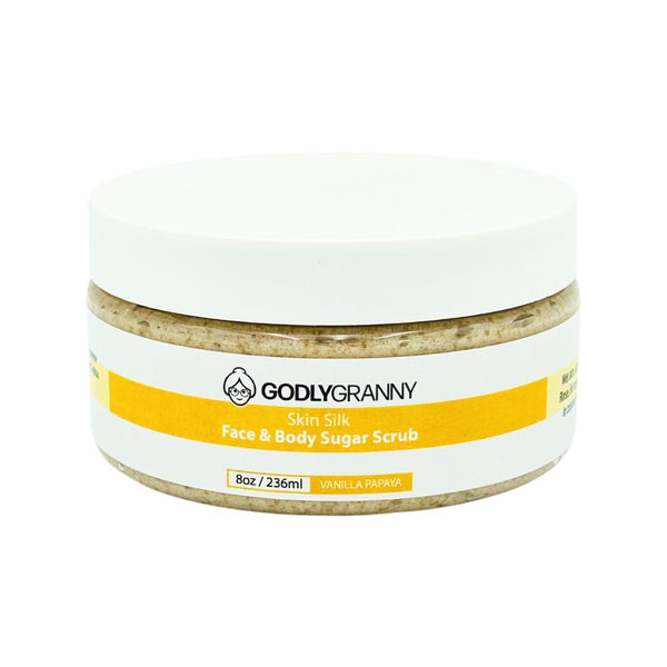 Godly Granny Skin Silk Face and Body Sugar Scrub in vanilla papaya scent, showing an 8-ounce jar with exfoliating sugar scrub texture.