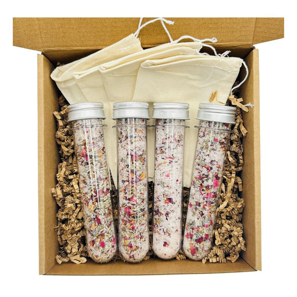 Godly Granny Still Waters Bath Salts Gift Box with 4 spa blends containing Himalayan salt, relaxing bath salts set.